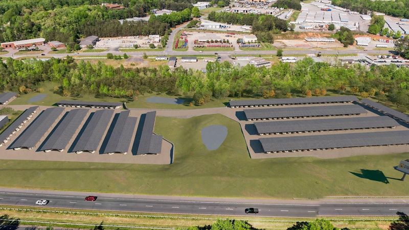 3D rendering of a boat and RV storage development in Winston-Salem, NC, seen from a drone